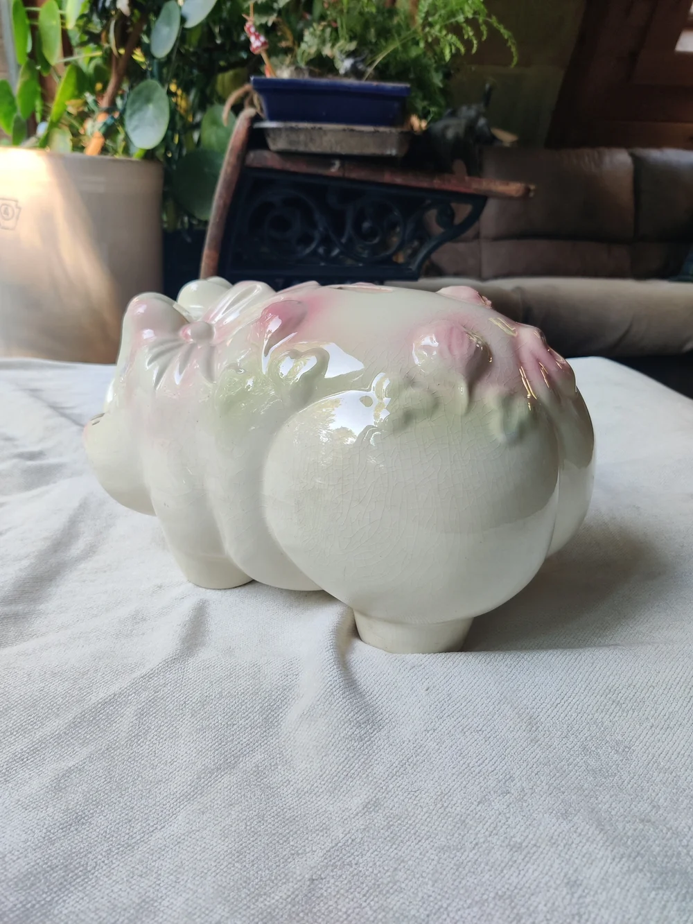 50s Large Piggy Bank Smiley Eyelashes Ribbon Lucky Shamrocks Clover Kitsch 7x13